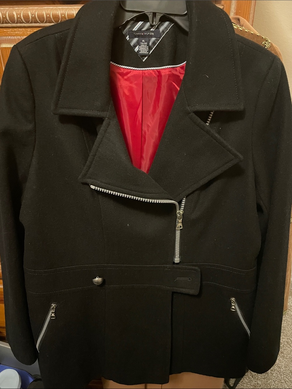 Tommy Hilfiger Black Pea Coat with Red Lining
